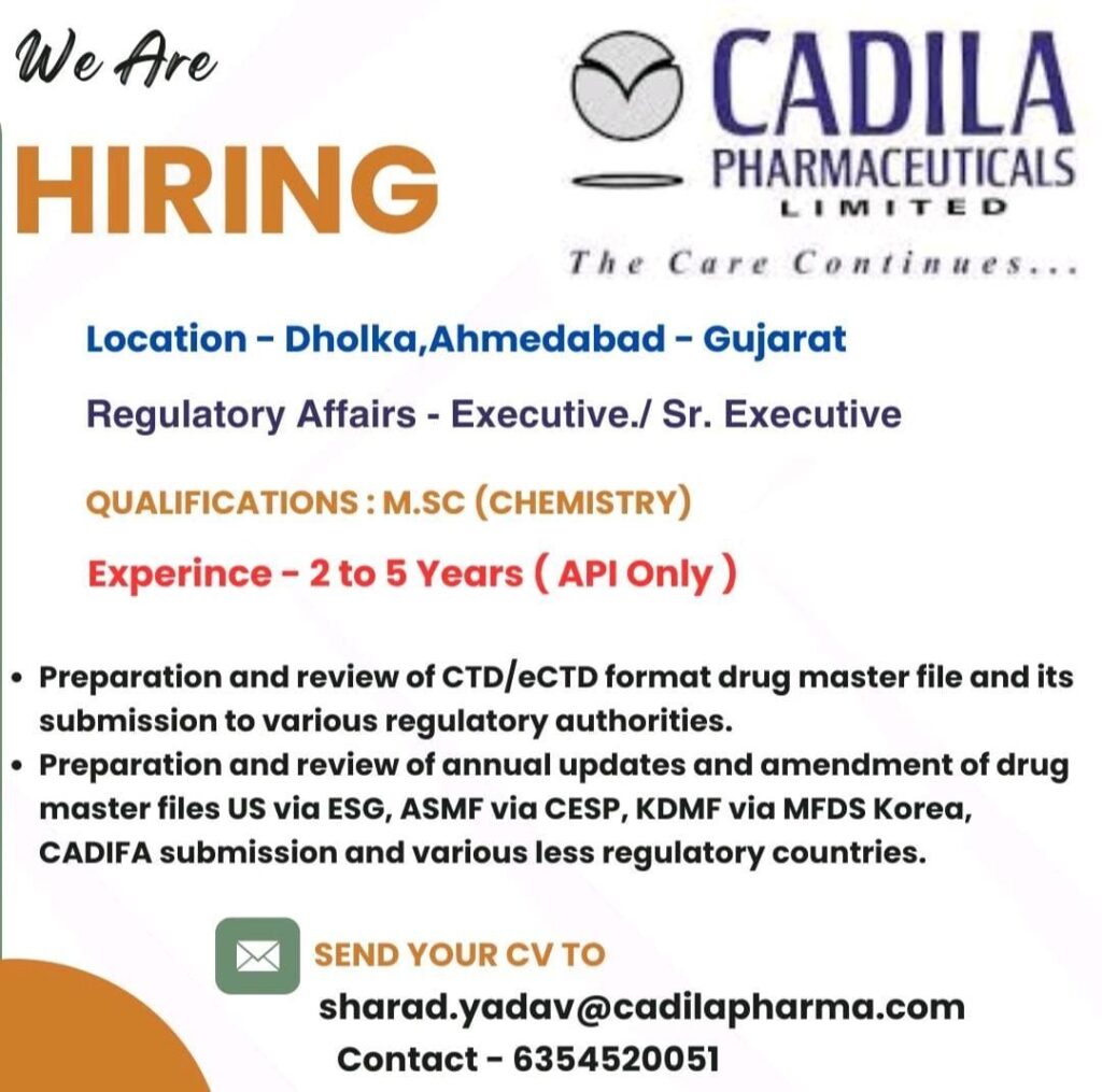 Cadila Pharma hiring for Regulatory Affairs 
