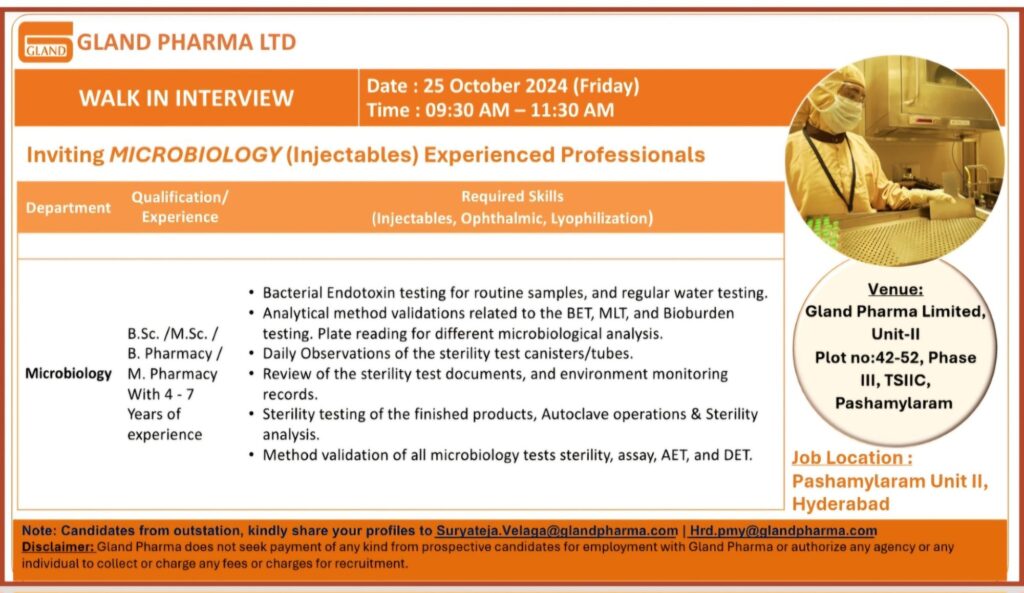 Microbiology Walk-in Interview | Gland Pharma | October 25, 2024