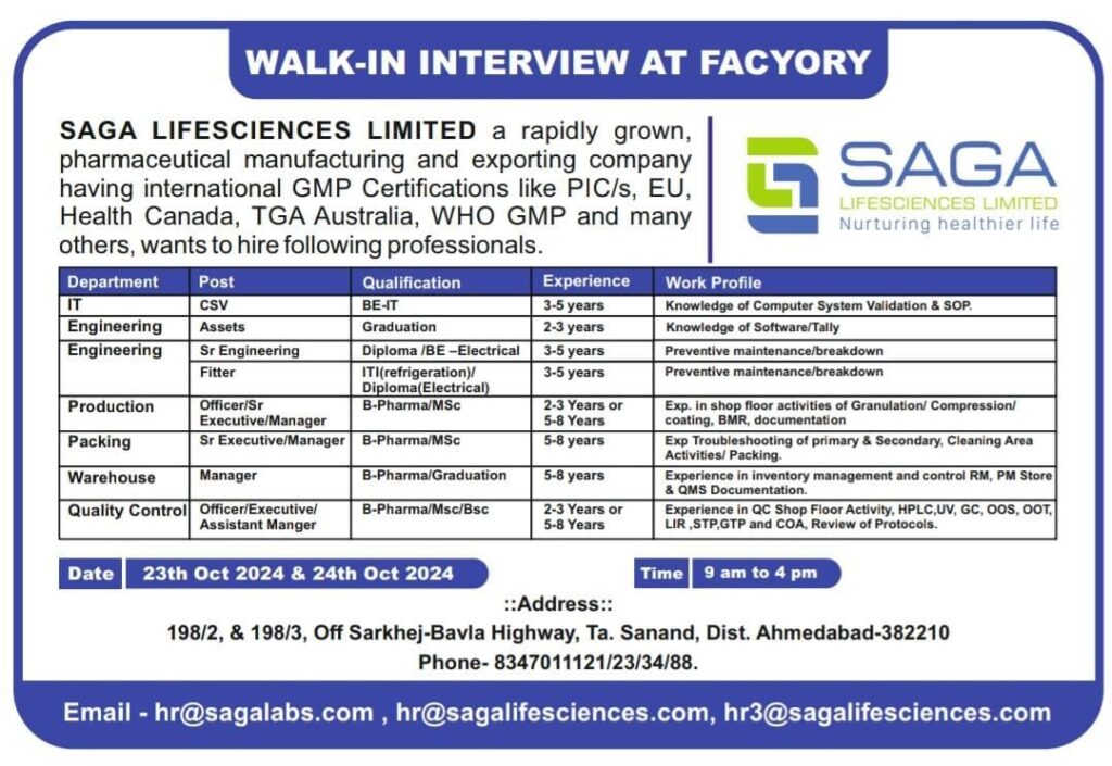 SAGA LIFESCIENCES LIMITED Walk-In Interview | Production, Packing, IT, Engineering, Warehouse, Quality Control | SAGA Lifesciences