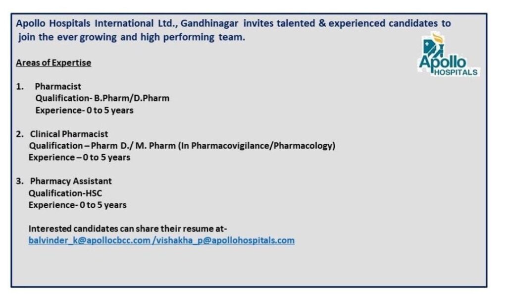 Apollo Hospitals is hiring freshers for the positions of Clinical Pharmacist, Pharmacist, and Pharmacy Assistant