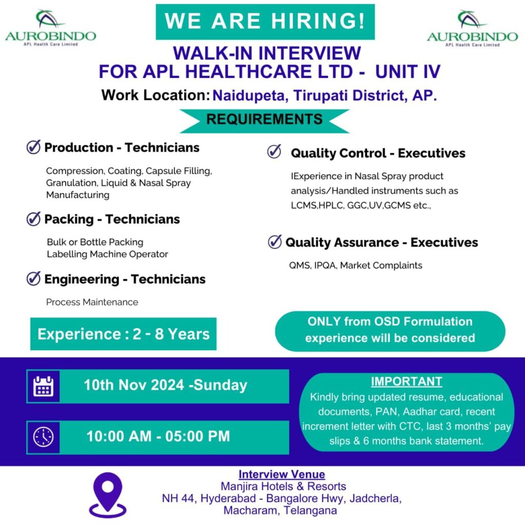 Aurobindo Pharma Walk-In Interview for Technicians & Executives | APL Healthcare