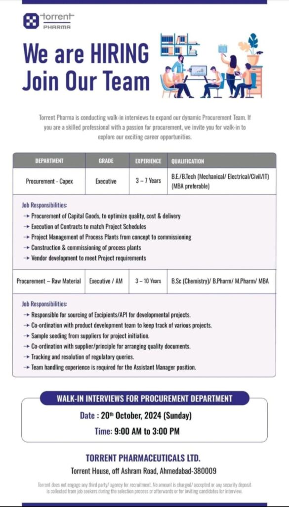 Torrent Pharma walk In Drive for Ahmedabad location 