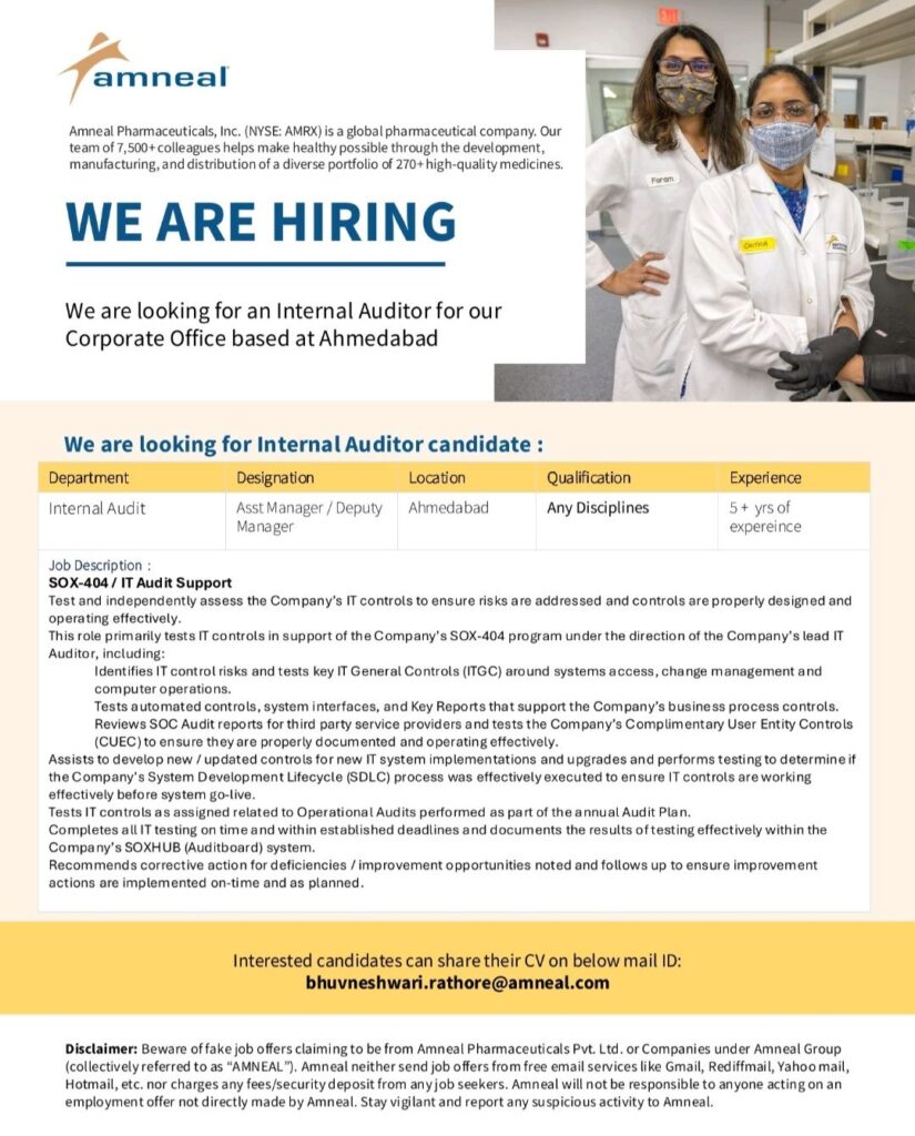 Amneal Pharmaceuticals looking for an Internal Auditor for Corporate Office based at Ahmedabad