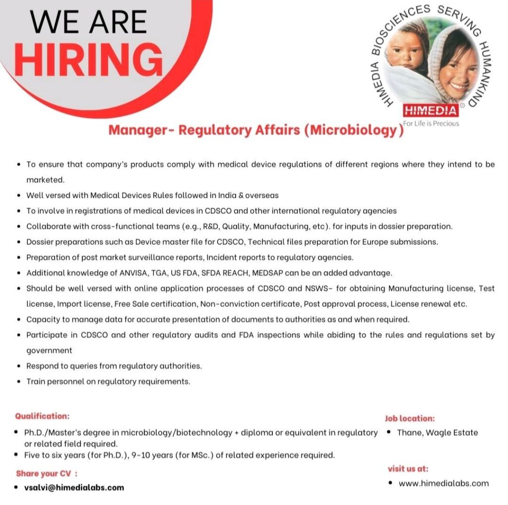 HiMedia hiring for Regulatory Affairs (Microbiology) Department