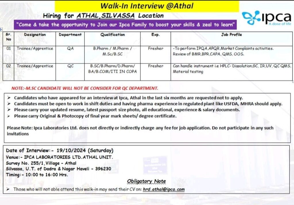 Ipca Laboratories Ltd Walk In Drive on 19/10/2024 (Saturday)