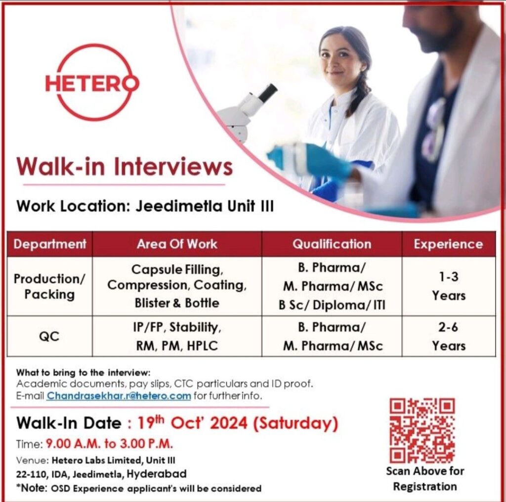 Hetero Labs Limited walk In Drive on 19th Oct' 2024 (Saturday)