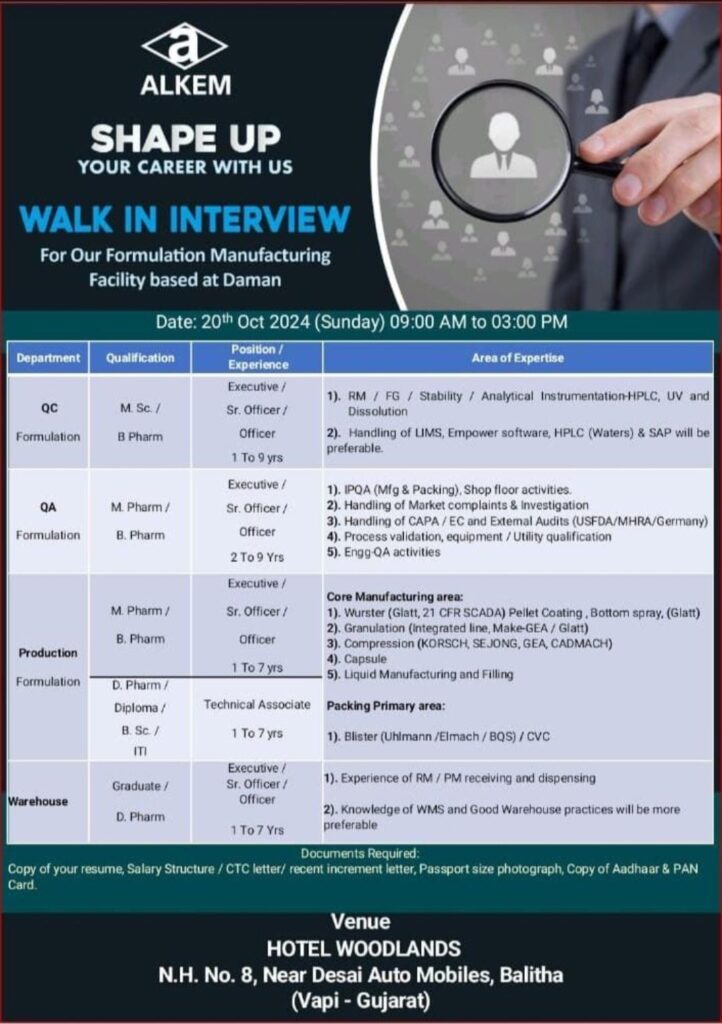 Alkem Laboratories Limited Walk In Drive on 20th Oct 2024 (Sunday)