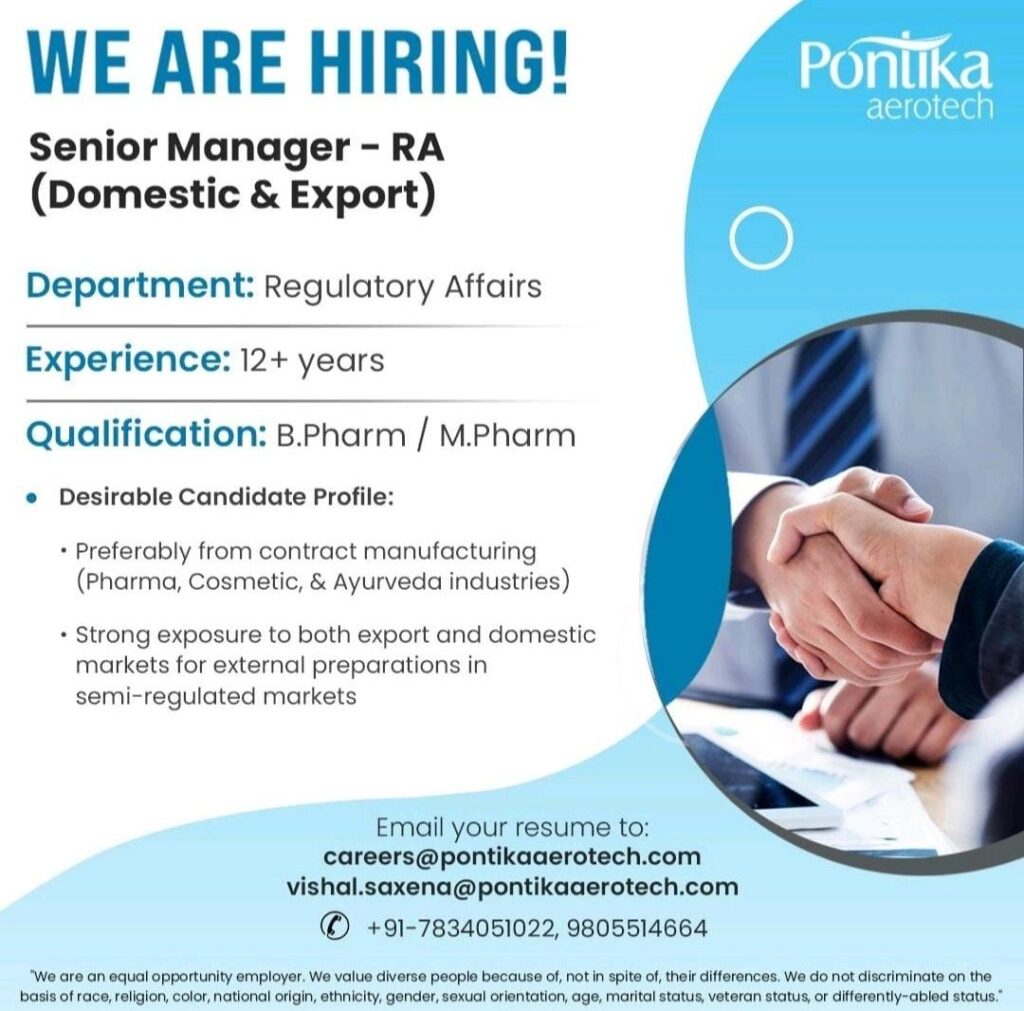 Pontika Aerotech hiring for Regulatory Affairs Department 