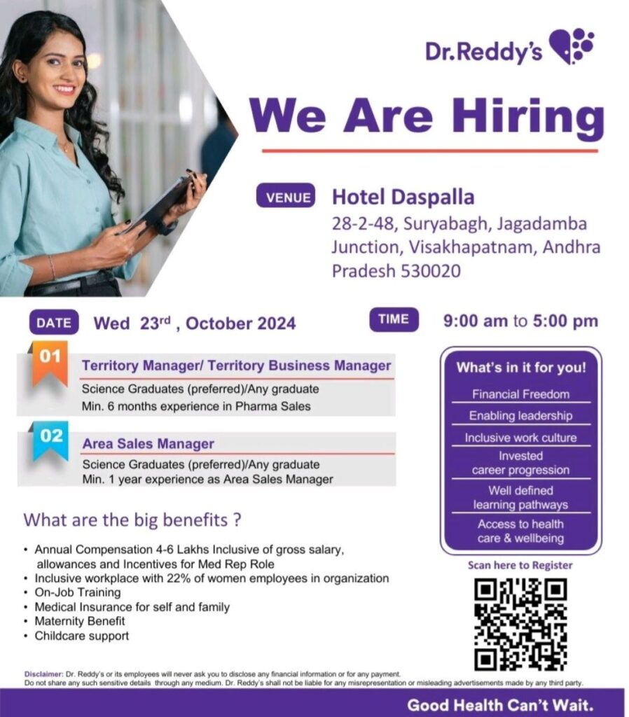 Dr. Reddy's Laboratories Limited Walk In Drive on Wed 23rd, October 2024