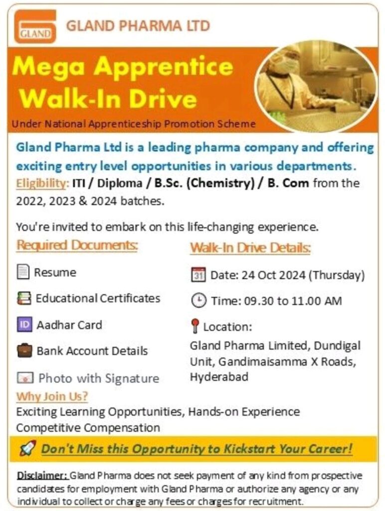 Gland Pharma Limited Walk In Drive on 24 Oct 2024 (Thursday) for Freshers 