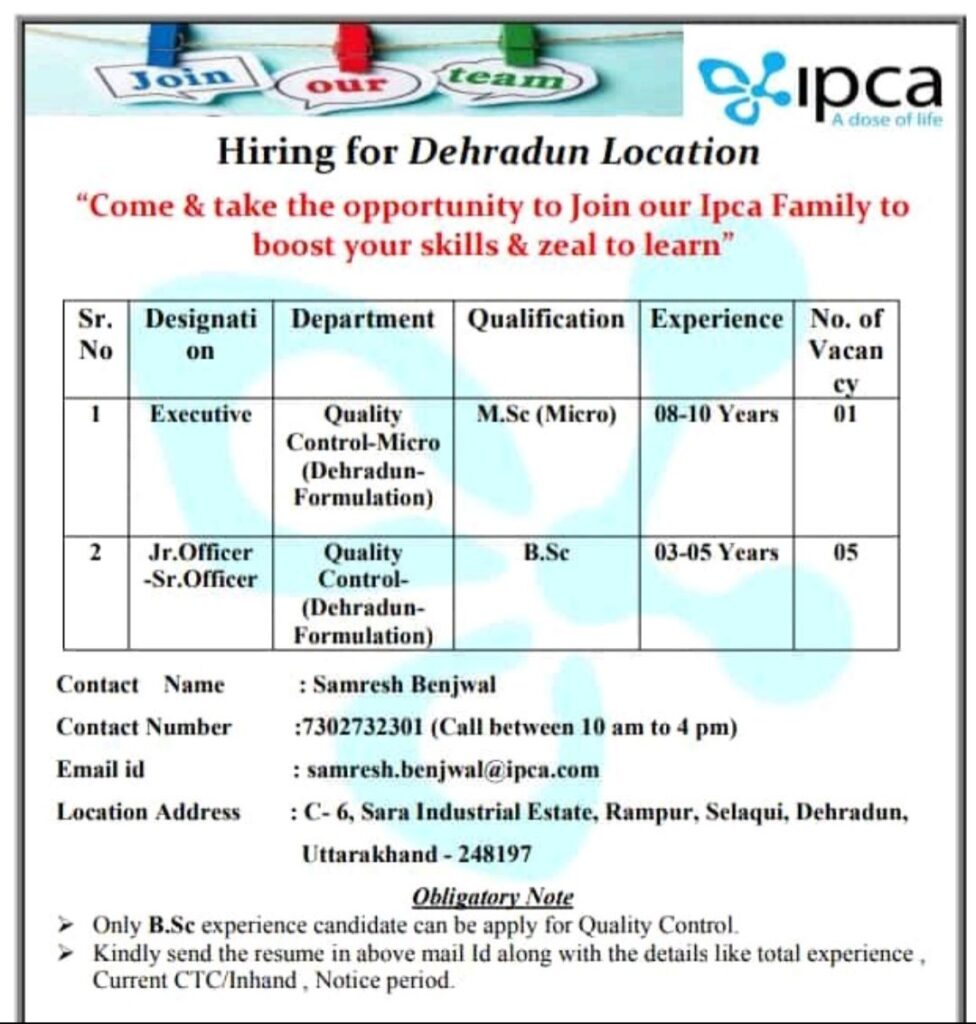 Ipca Laboratories Limited hiring for Quality Control Department 