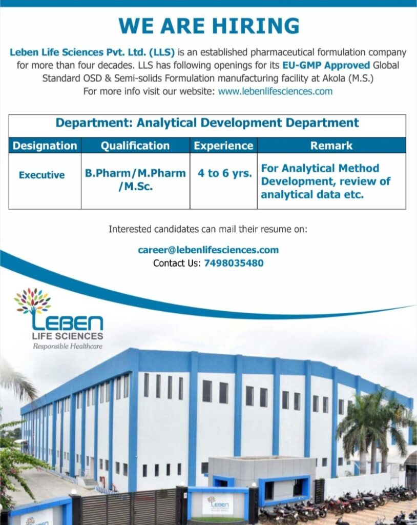 Leben Life Sciences Pvt. Ltd hiring for Analytical Development Department