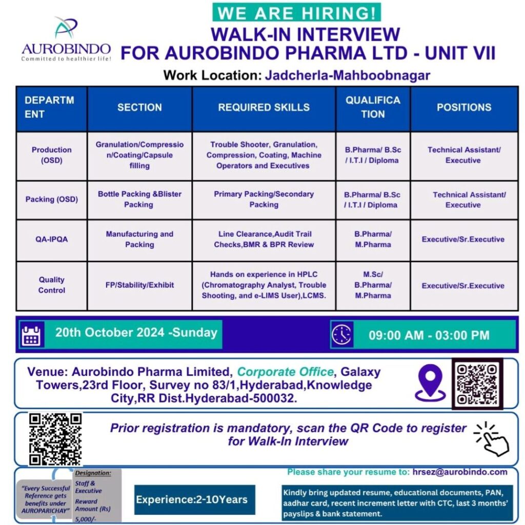 Aurobindo Pharma Limited Walk In Drive on 20th October 2024(Sunday)