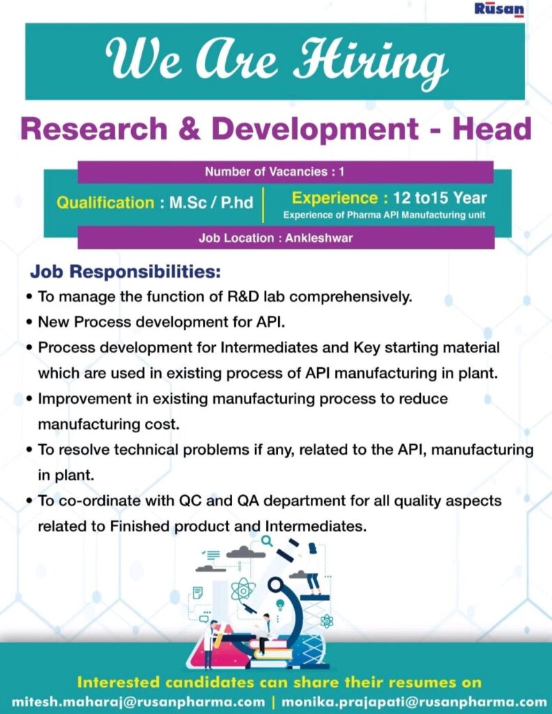 Rūsan Pharma hiring for Research & Development Department 