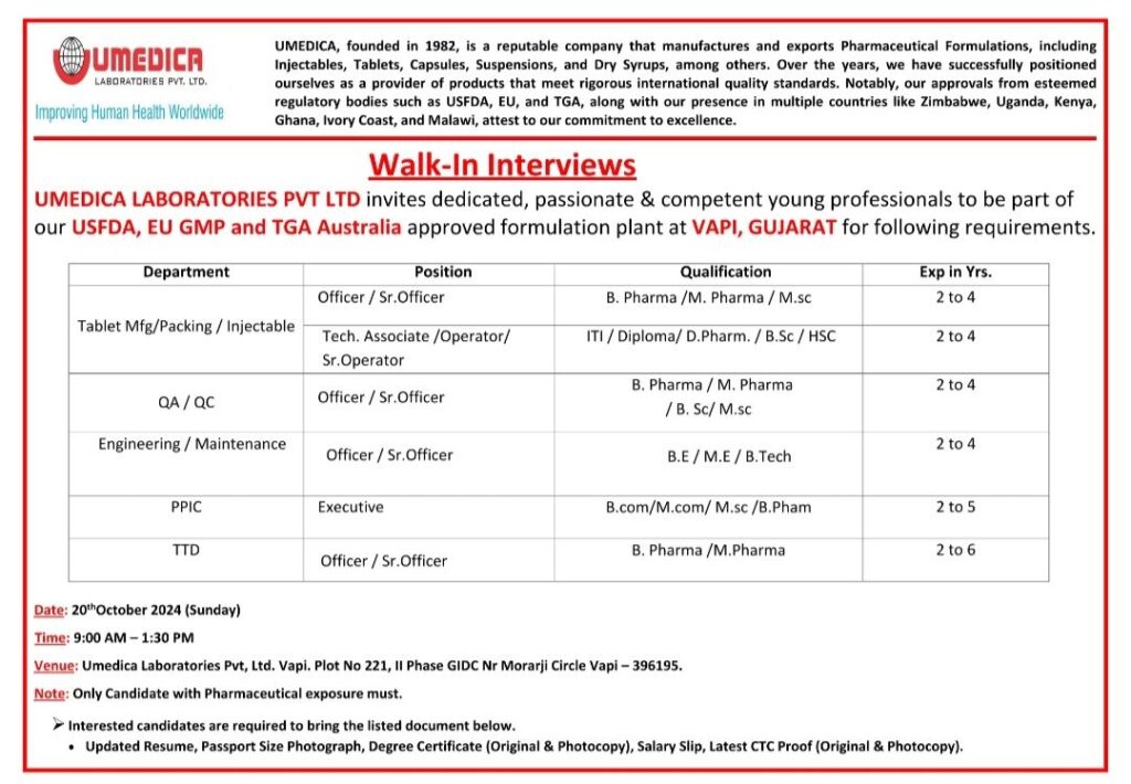 Umedica Laboratories Pvt. Ltd Walk In Drive on 20th October 2024 (Sunday)