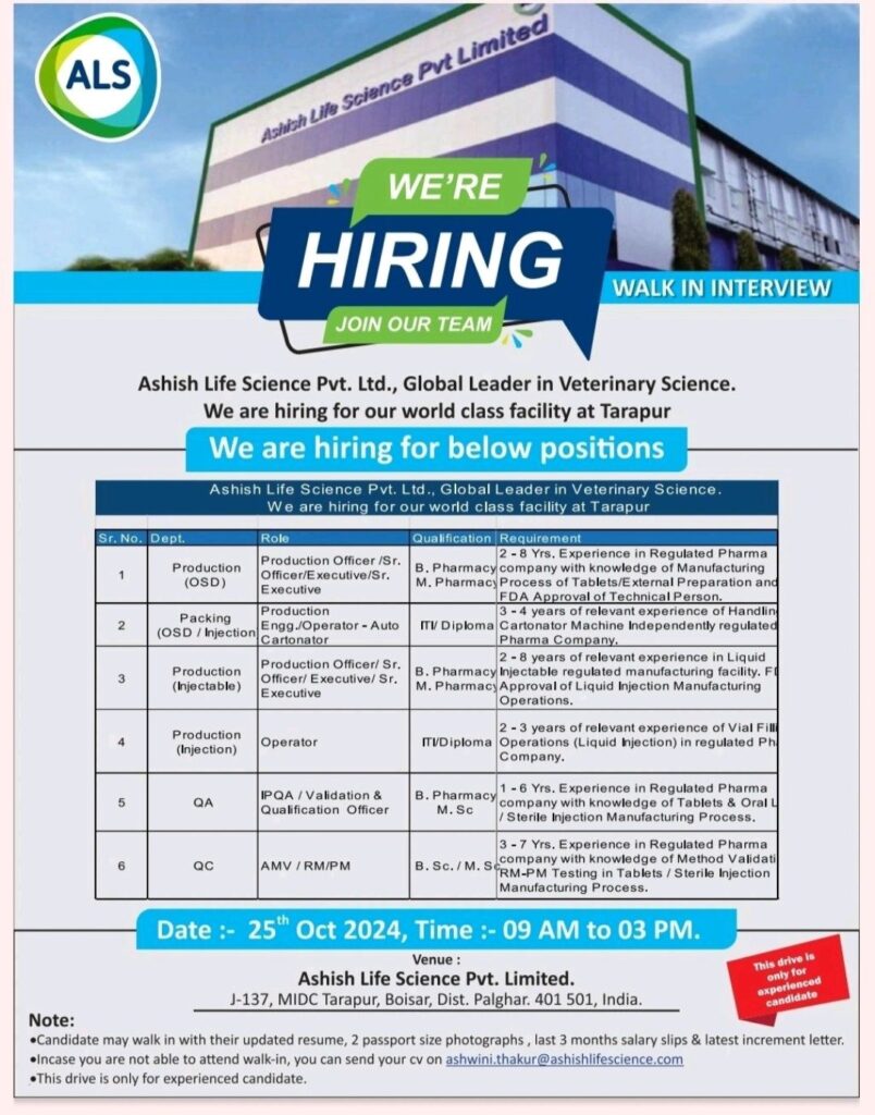 Ashish Life Science Pvt. Ltd Walk In Drive on 25th October 2024