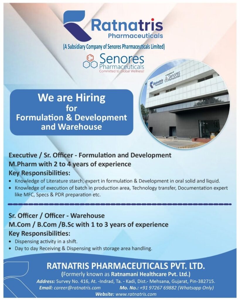 Ratnatris Pharmaceuticals hiring for Formulation & Development and Warehouse Department 
