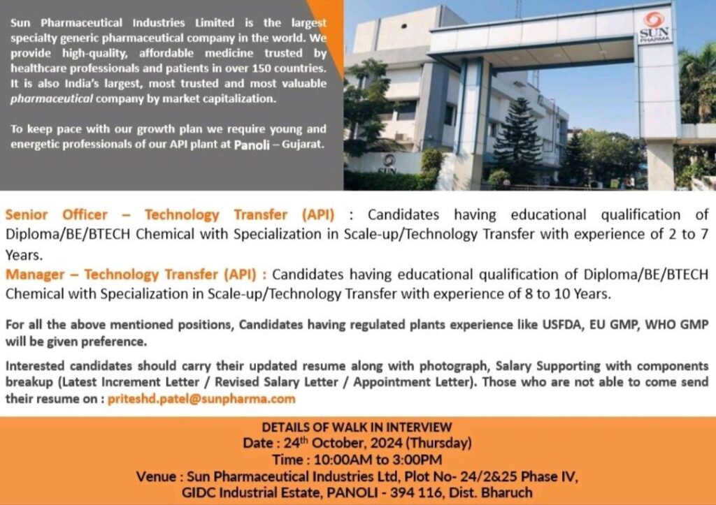 Sun Pharmaceutical Industries Ltd Walk In Drive on 24th October, 2024 (Thursday)