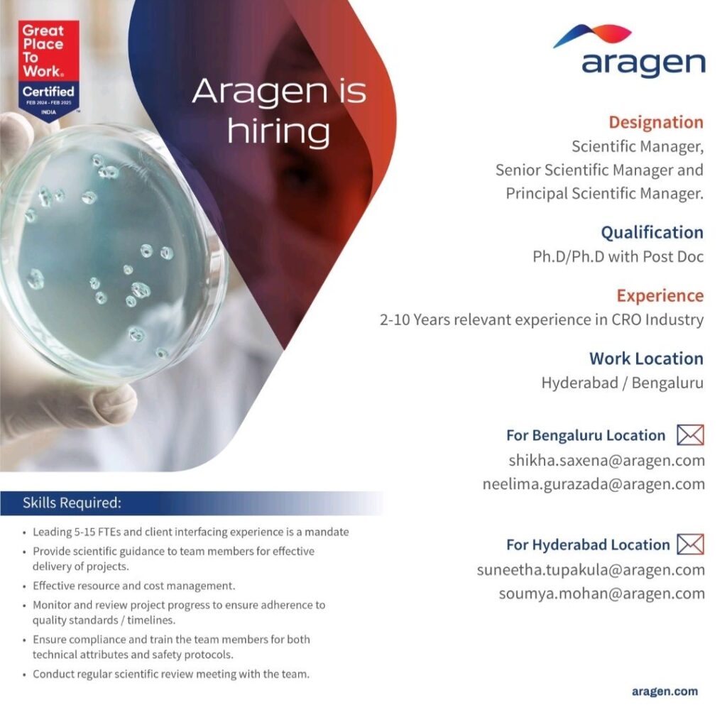 Aragen Life science hiring for Scientific Manager, Senior Scientific Manager and Principal Scientific Manager.