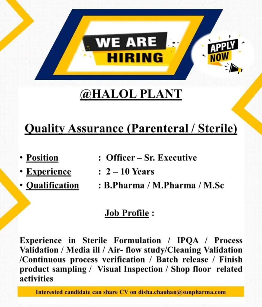 Sun Pharmaceutical Industries Ltd hiring for Quality Assurance (Parenteral / Sterile) Department 