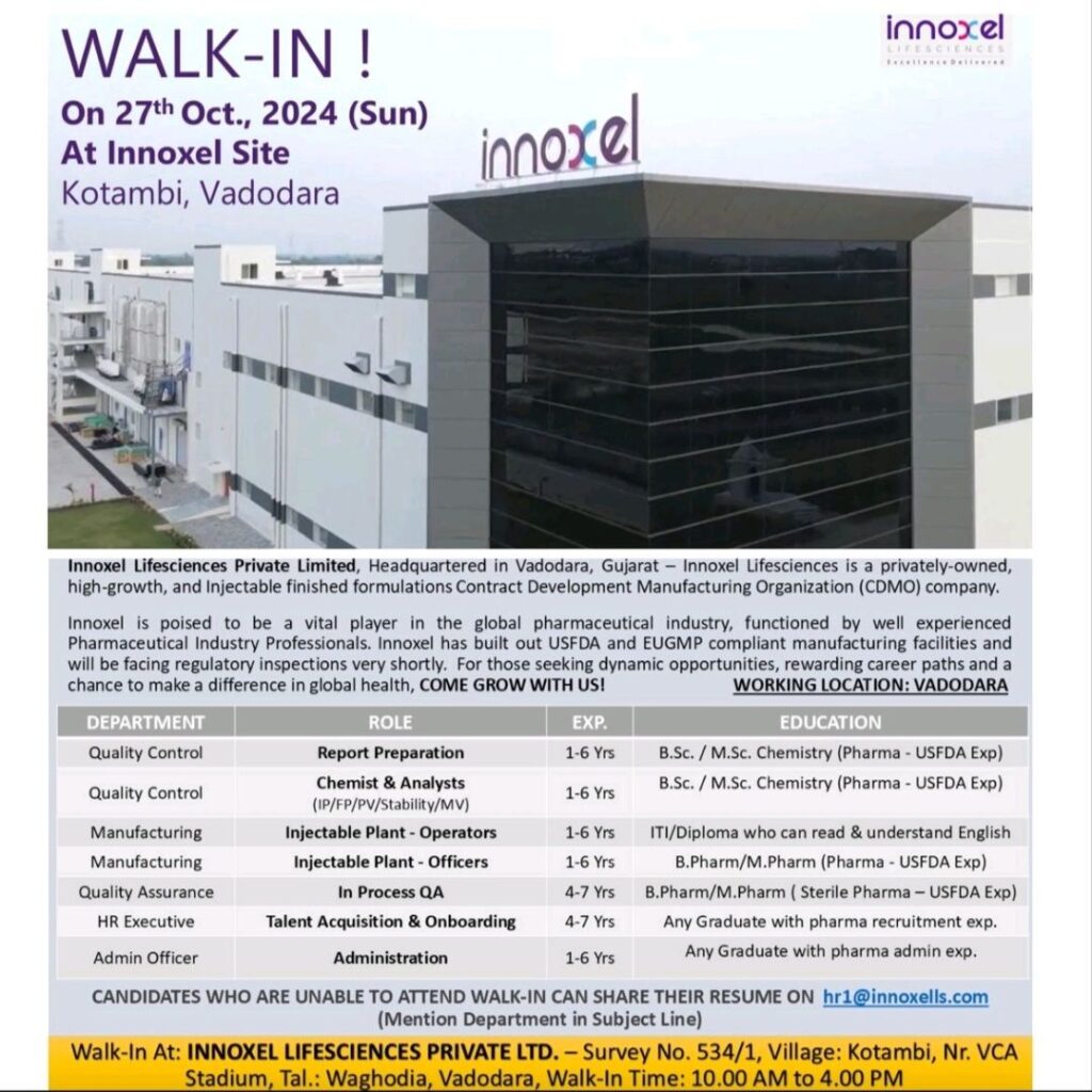 Innoxel Lifesciences Private Limited is having a walk-in interview on 27th October 2024 (Sunday)