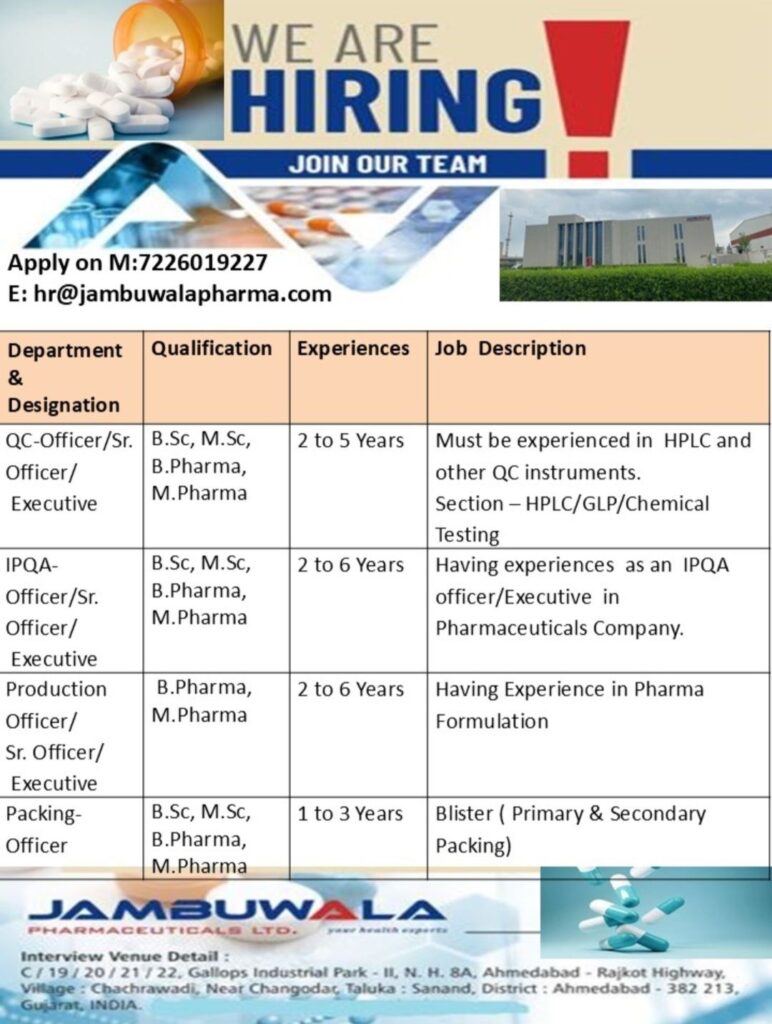 Jambuwala Pharmaceuticals Limited hiring for IPQA, QC, Production and Packing Department 