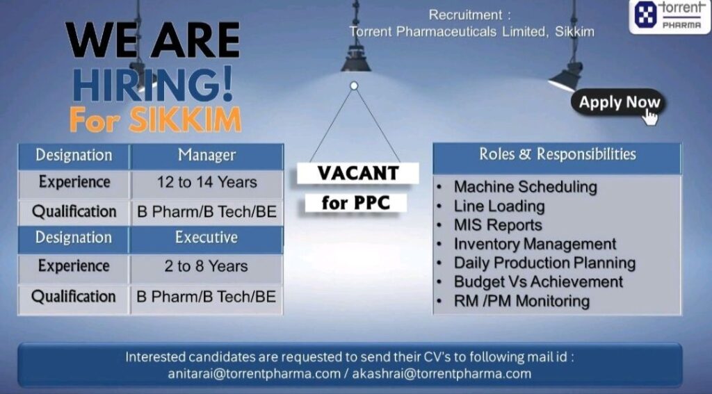 Torrent Pharmaceuticals Limited hiring for PPC Department 