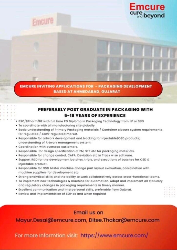 Emcure inviting application for- Packaging Development