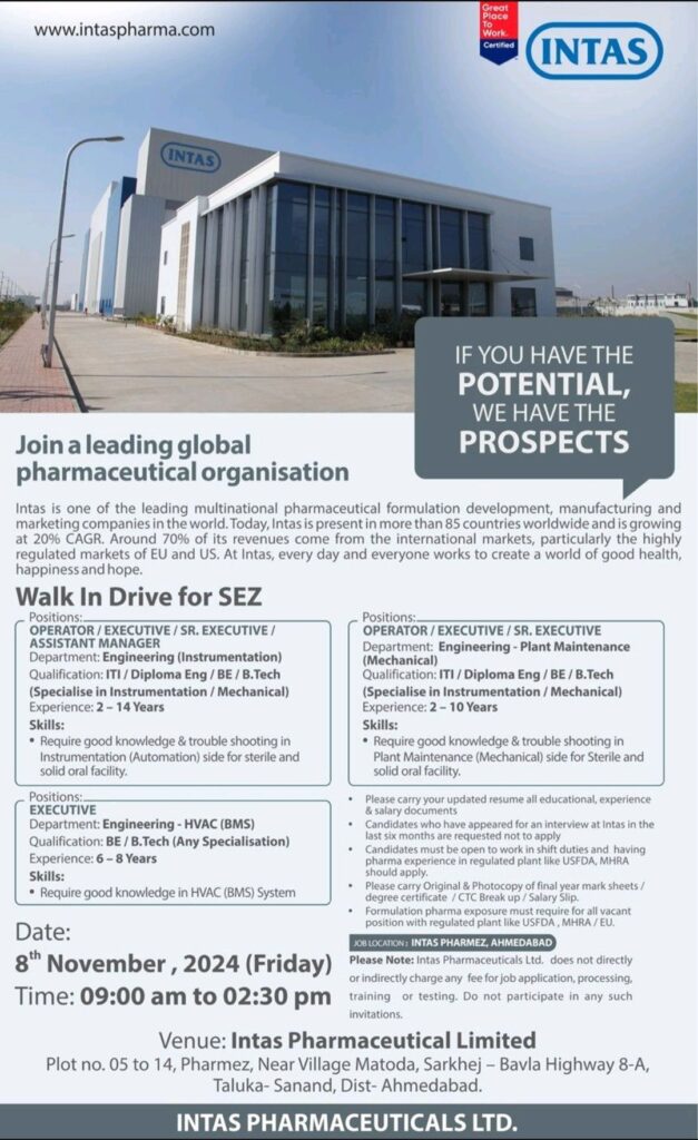 Intas Pharmaceutical Walk In Interview on 8th November, 2024 (Friday) for Engineering Department 
