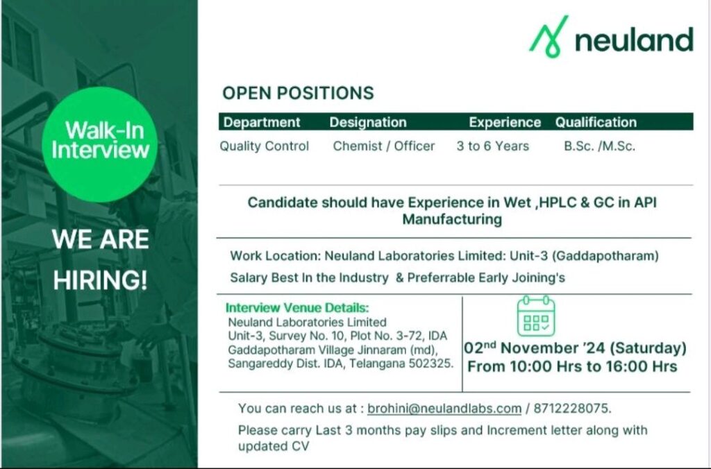 Neuland Laboratories Limited Walk In Interview on 02nd November 2024 (Saturday) for QC Department 