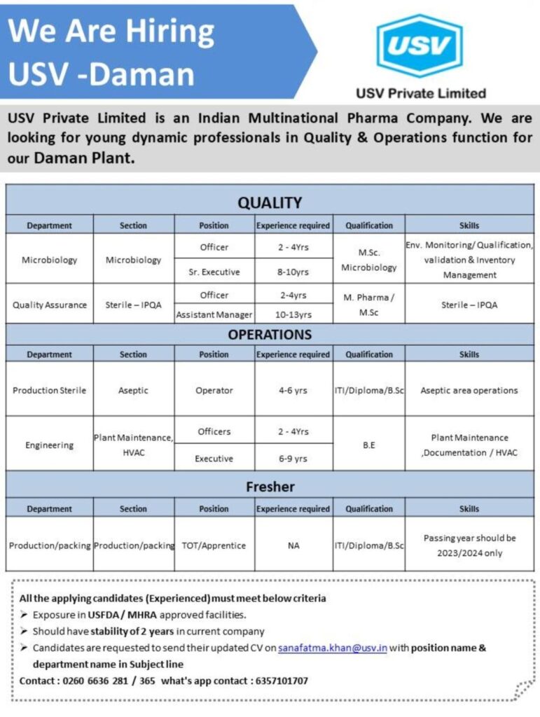 USV Private Limited hiring for Microbiology, QA, Production, Engineering and Packing Department