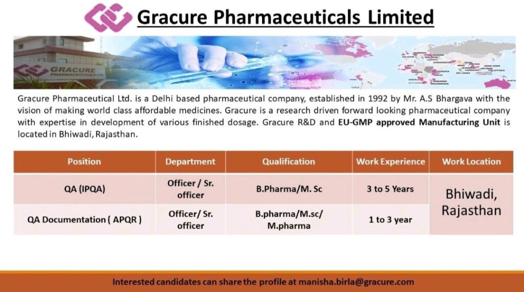 Gracure Pharmaceutical Ltd hiring for QA (IPQA) & QA Documentation (APQR) Department 