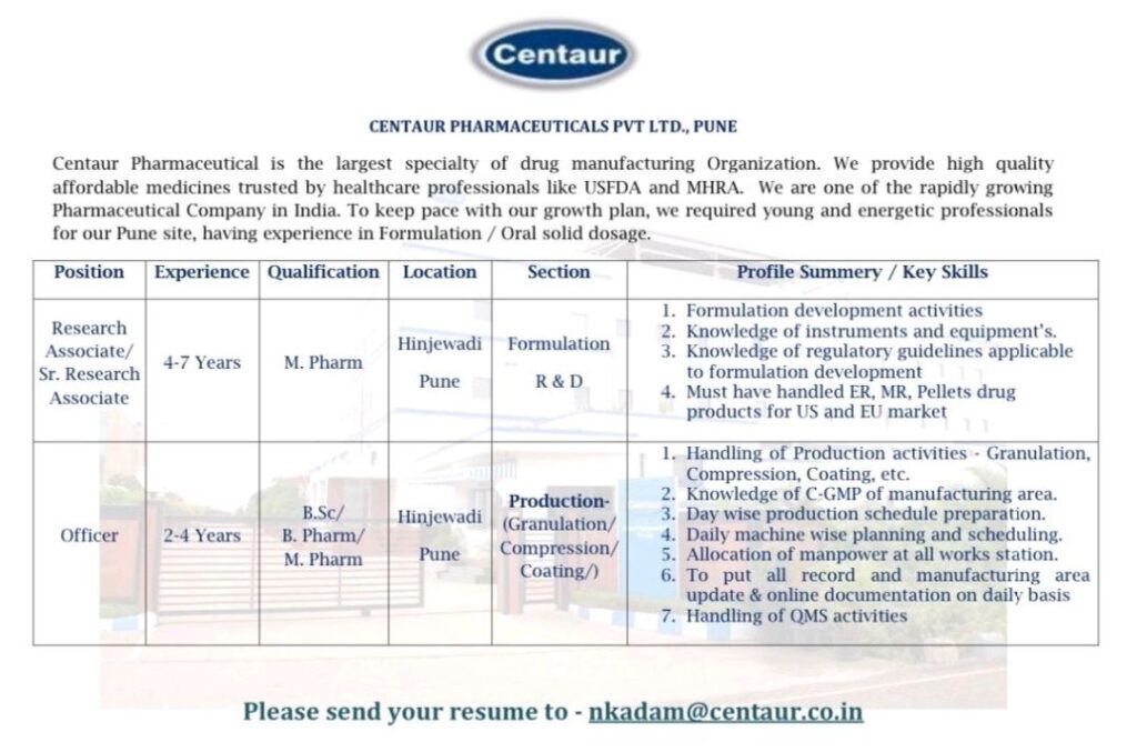 Centaur Pharmaceutical hiring for Formulation R&D and Production Department 