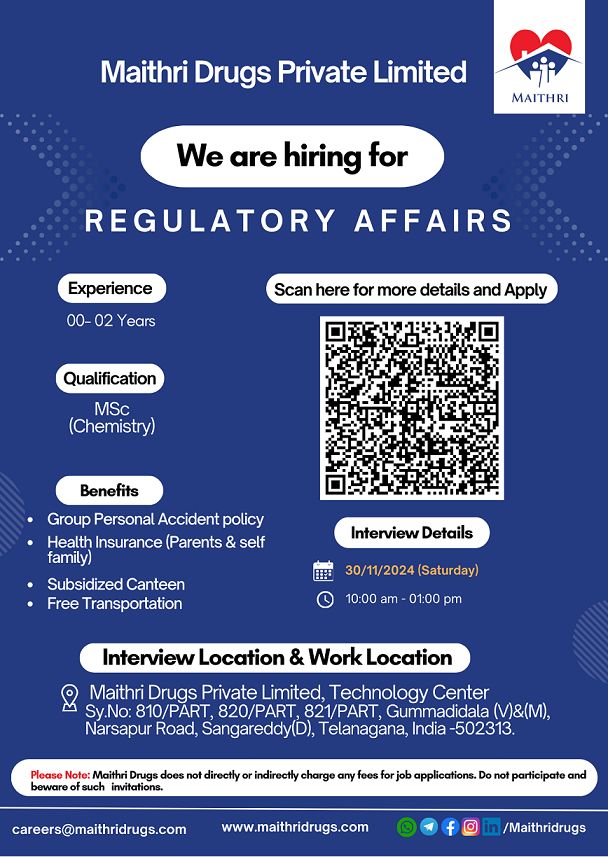 Maithri Drugs Private Limited Hiring Freshers for the Drug Regulatory Affairs 