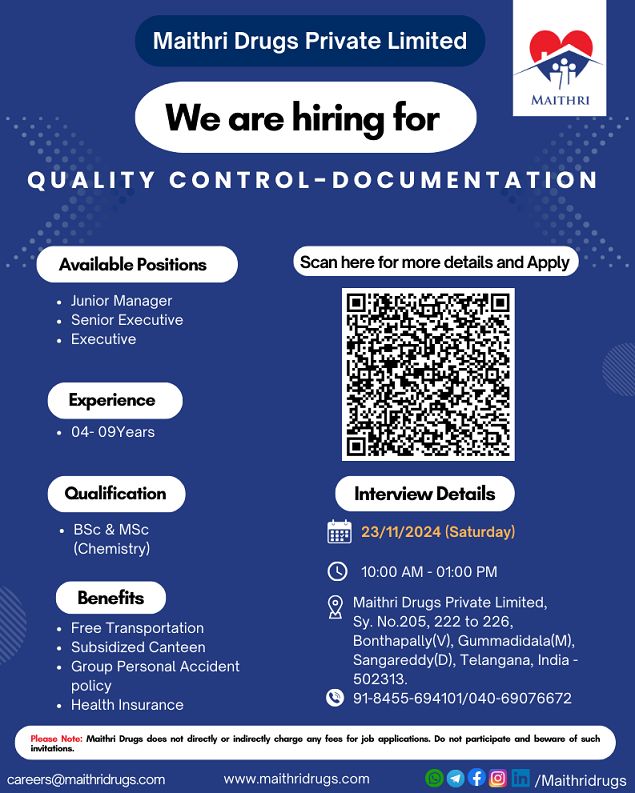 Quality Control (Documentation) at Maithri Drugs Private Limited
