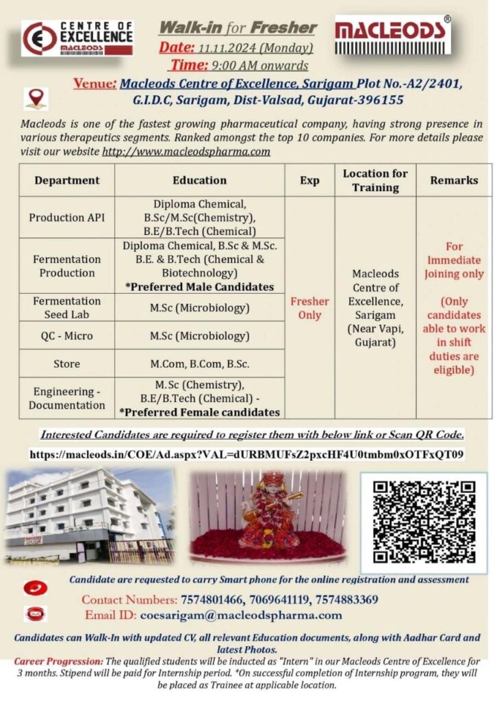 Macleods Walk-in for Fresher - Production, QC, Micro, Store & Engineering | Macleods Pharma