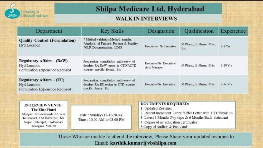 Walk-ins for QC, Regulatory Affairs - ROW/EU Formulations | Shilpa Medicare Ltd, Hyd
