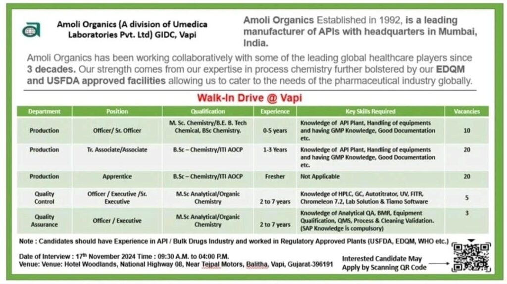 Amoli Organics Pvt Ltd Walk-in Interview | Freshers & Experienced | Vapi