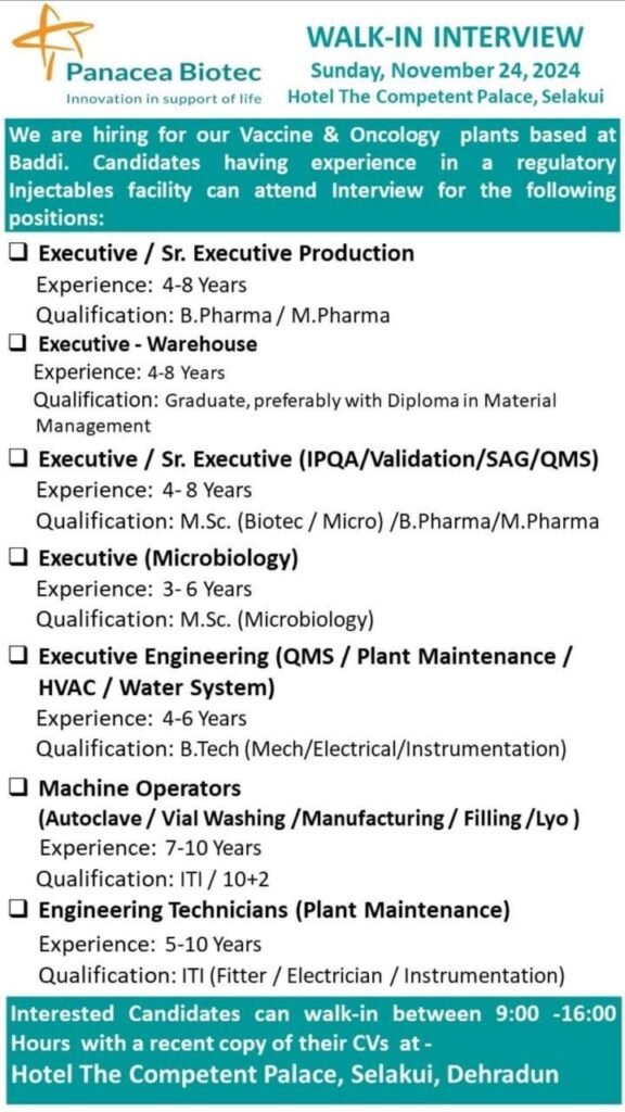 Panacea Biotec Walk-in Interview | Production, Warehouse, Quality Roles | Dehradun