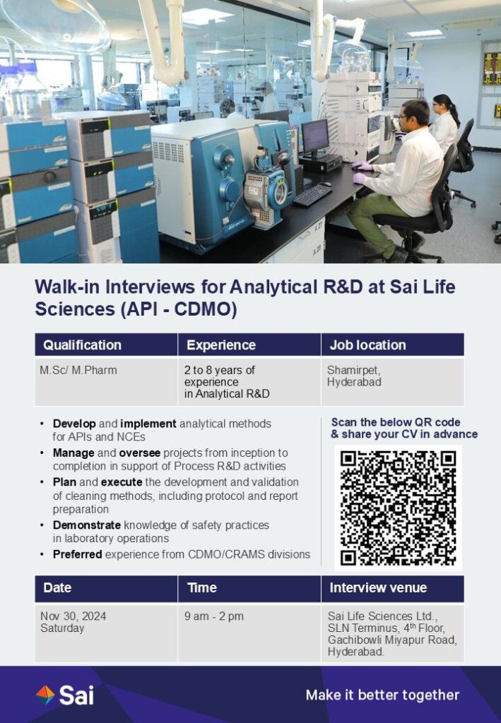 Analytical R&D Walk-in Interviews | Sai Life Sciences (API - CDMO) | Hyderabad, Nov 30, 2024