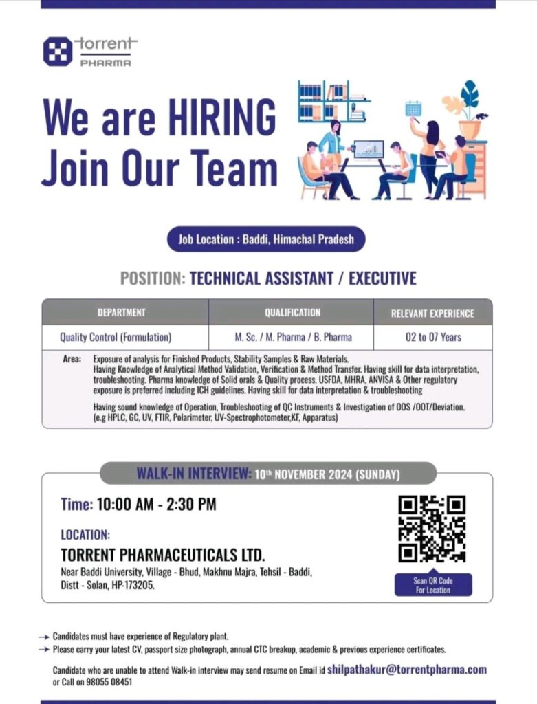 Torrent Pharma Walk In Drive on 10th November 2024 (Sunday)
