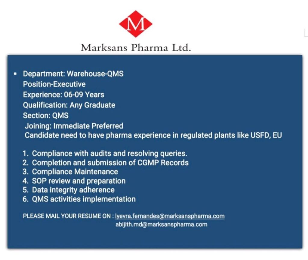 Marksans Pharma Ltd hiring for Warehouse-QMS Department 