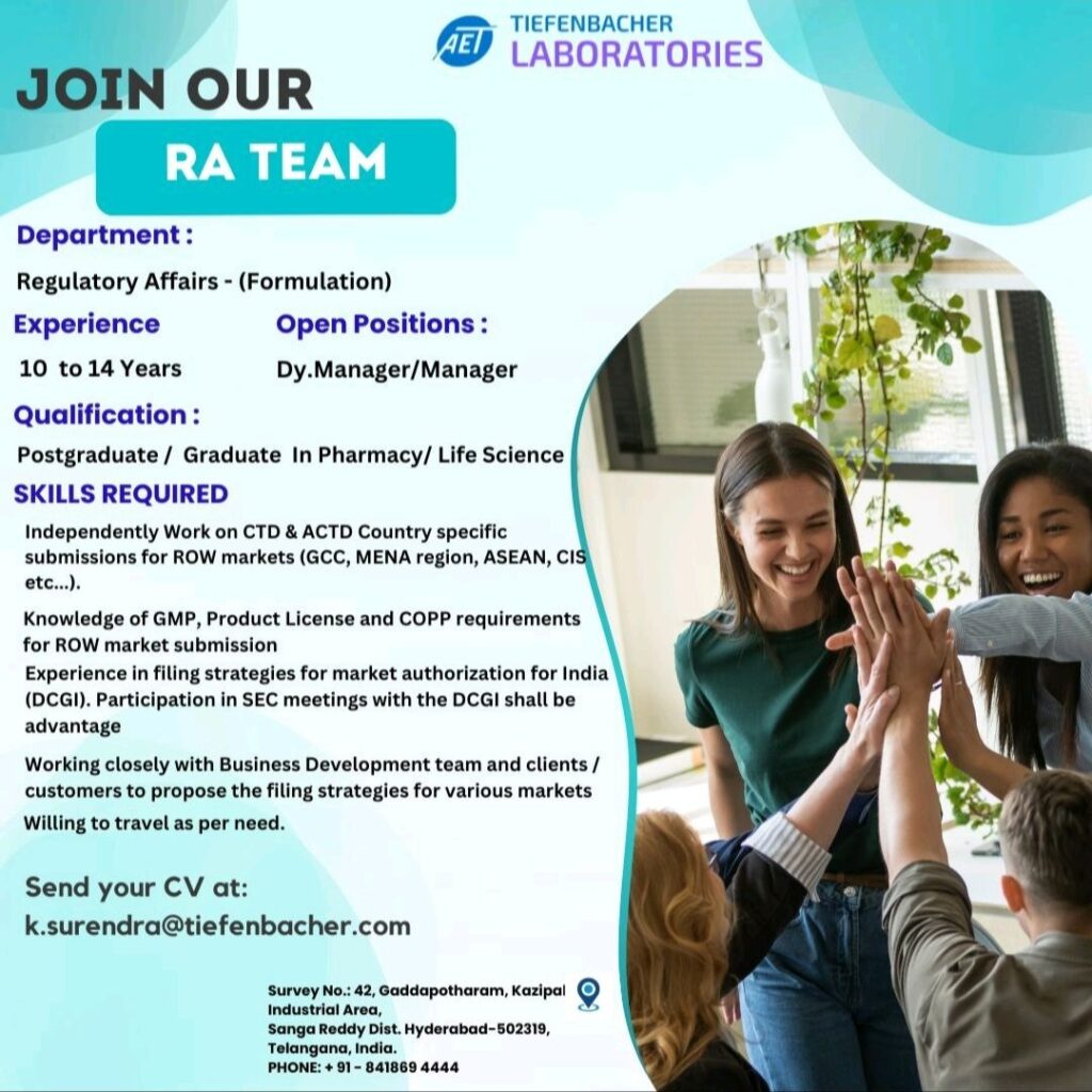 Tiefenbacher Laboratories hiring for Regulatory Affairs - (Formulation) Department
