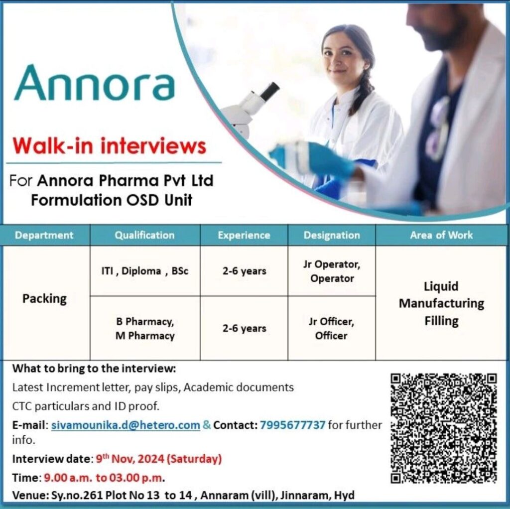 Annora Pharma Pvt. Ltd Walk In Drive on 9th Nov, 2024 (Saturday)