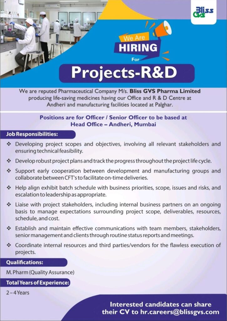 Bliss GVS Pharma Ltd Hiring: Officer/Senior Officer Roles in Pharmaceutical R&D Department 