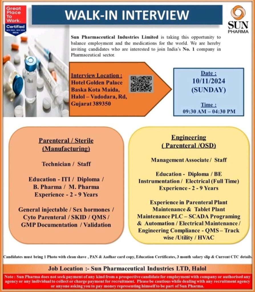 Exciting Walk-In Interviews on 10th November 2024(Sunday) at Sun Pharma: Your Path to a Rewarding Career