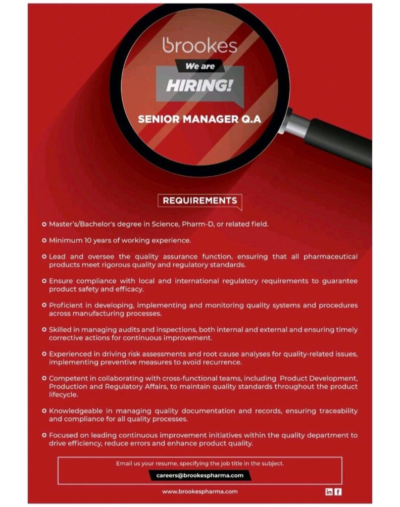 Brookes pharma hiring Senior Manager position for Quality Assurance Department 