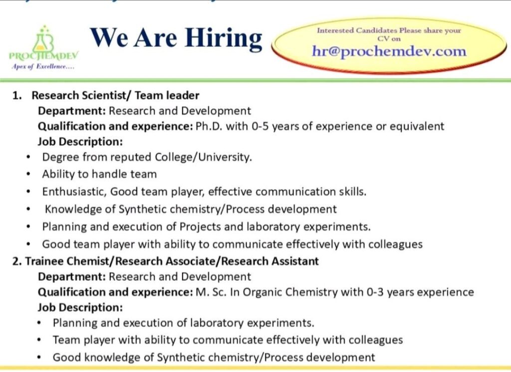 Prochemdev CRO
Prochemdev is Hiring! Lead Research Teams in Chemical Process Development