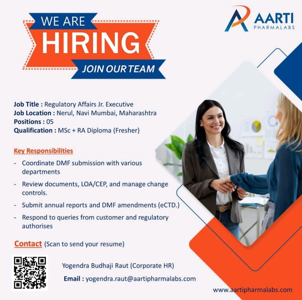 Launch Your Career in Pharma: Apply for Regulatory Affairs Jr. Executive at Aarti Pharmalabs