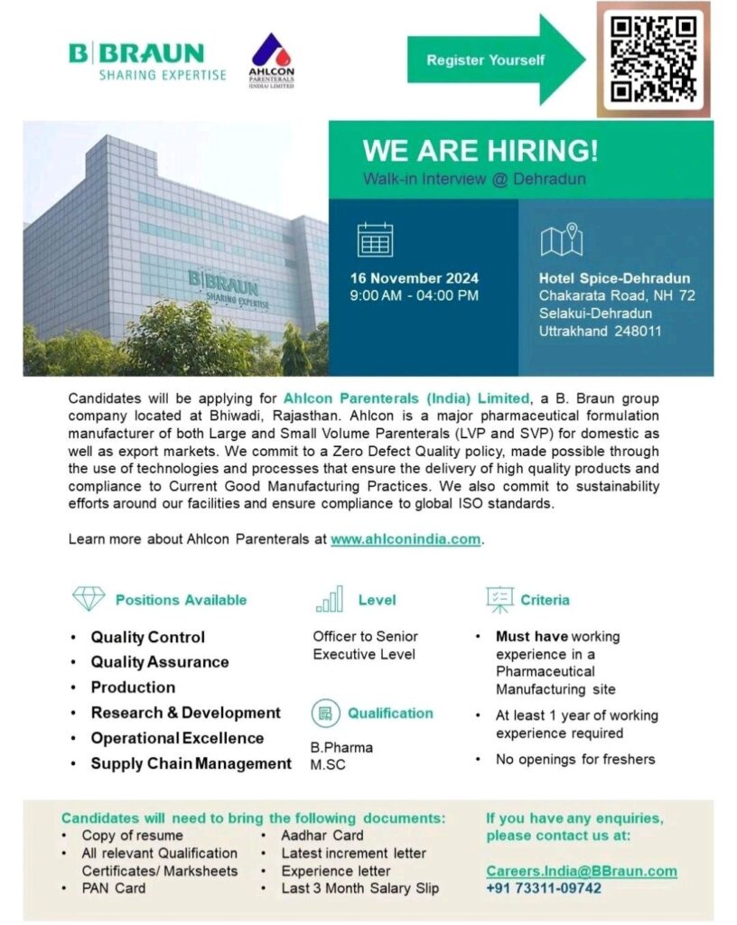 B Braun Walk In Drive on 16th November 2024 for Quality Control, Quality Assurance, Production, Research & Development, Operational Excellence &  Supply Chain Management
